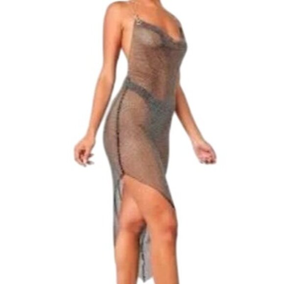PrettyLittleThing White Diamante Cowl Neck Mesh Dress Medium - Picture 1 of 4
